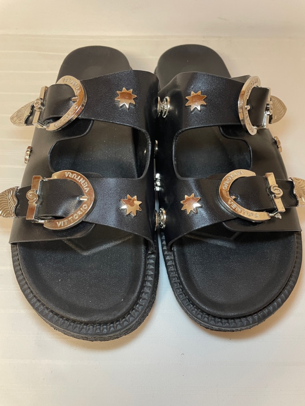 Vittorio Ventura black 2 strap faux leather embellished sandals women’s size 9.5